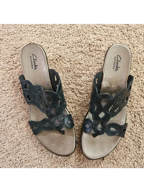 Clarks Bendables Wedge Sandals Womens 10M Black 37059 Comfort Slip On Slides - Picture 8 of 10